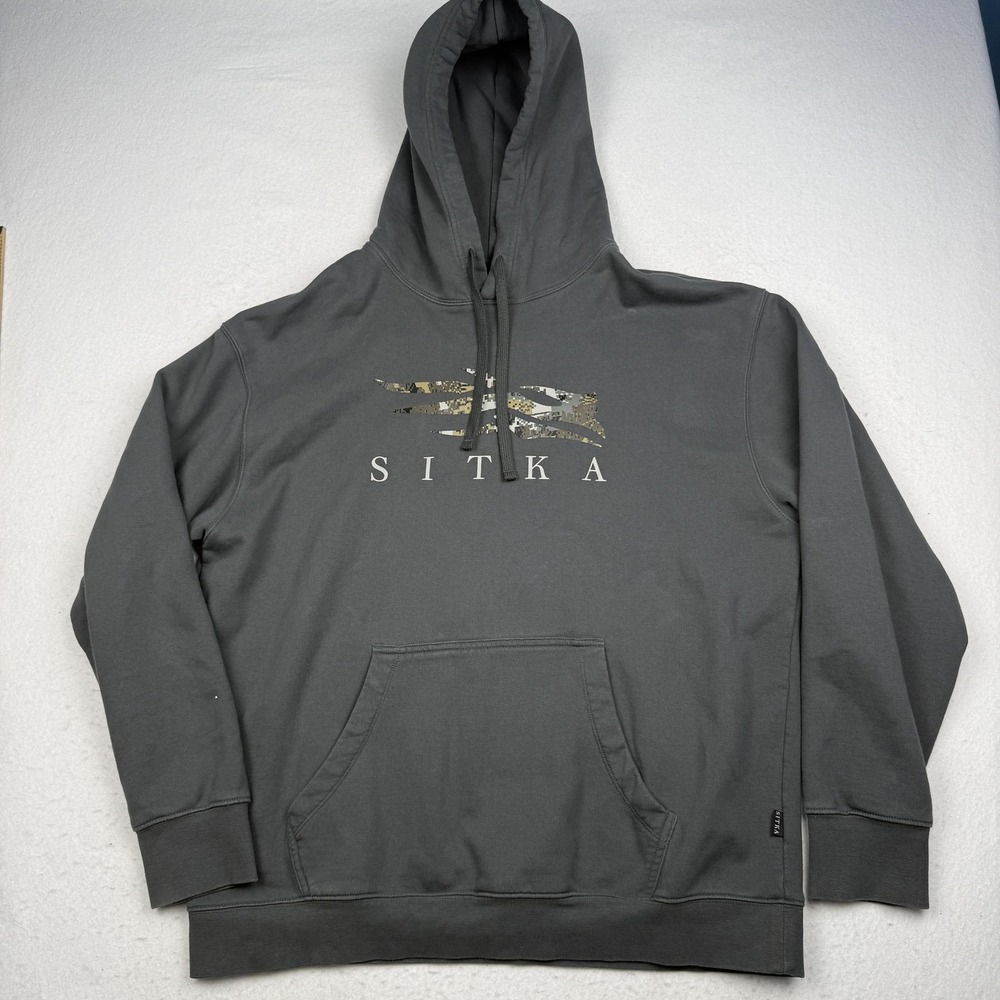 Sitka Hoodie Mens XL Gray Fleece Pullover Kangaroo Pocket Camo Logo Hunting